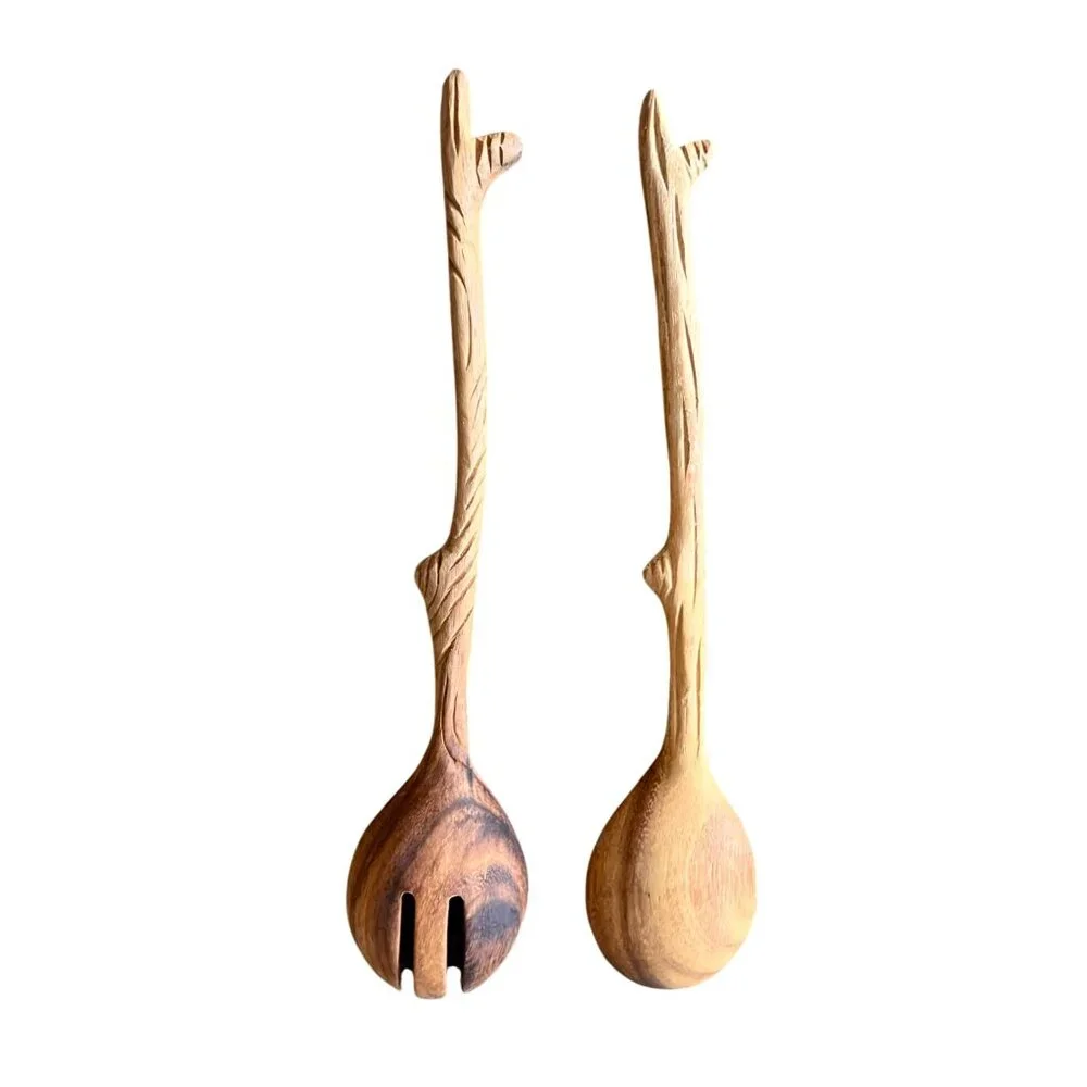 Handcrafted Wooden Salad Serving Spoon & Fork Set Branch Twig Design Rustic - Picture 2 of 4